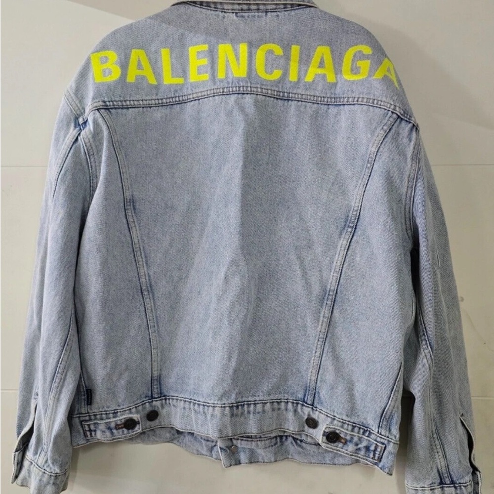 Authentic Balenciaga Light Blue Denim Jacket with Neon Yellow Logo. Unisex